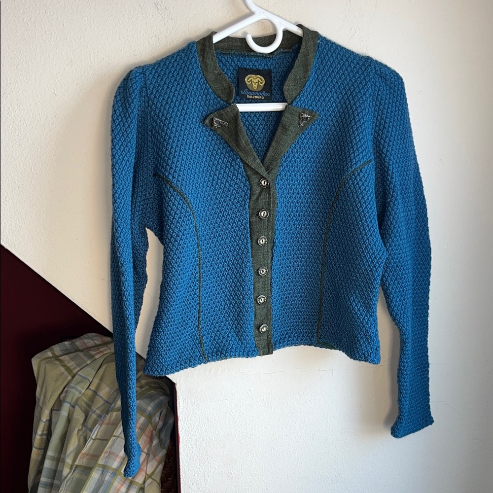 Elegant Blue Wool Green Linen Traditional Knit Jacket Antler‎ Buttons READ
